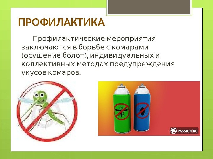 ПРОФИЛАКТИКА  Профилактические мероприятия  заключаются в борьбе с комарами (  ), 